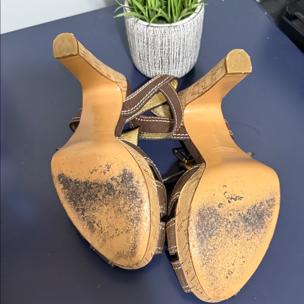 Coach Brown Suede Cork Wedge Sandals - Picture 6 of 7